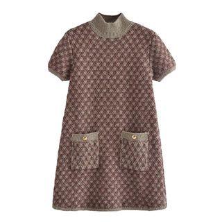 Mock-neck Plaid Knit Mini A-line Dress