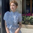 Set - Puff-sleeve Ruffle Floral Top + Semi Skirt