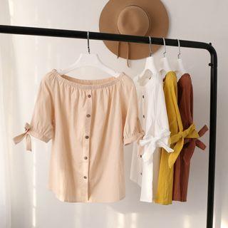 Buttoned Off-shoulder Elbow-sleeve Top