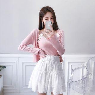 Set: V-neck Cardigan + Lace-trim Camisole Top