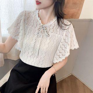 Short-sleeve Bow Detail Lace Blouse