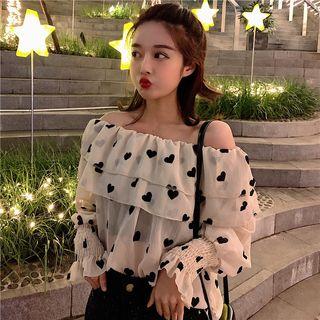 Heart Print Off-shoulder Bell Sleeve Top