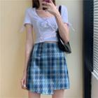 Short-sleeve Cropped T-shirt / Plaid Mini Skirt