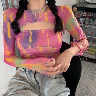 Set: Long-sleeve Printed T-shirt + Spaghetti Strap Top As Shown In Figure - One Size