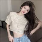 Short-sleeve Flower Accent Knit Crop Top Almond - One Size