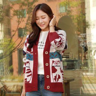 V-neck Cat-patterned Cardigan
