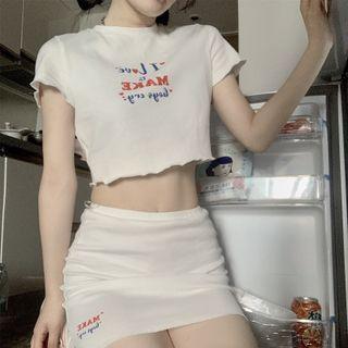 Set: Short-sleeve Lettering Crop Top + Mini Skirt