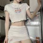 Set: Short-sleeve Lettering Crop Top + Mini Skirt