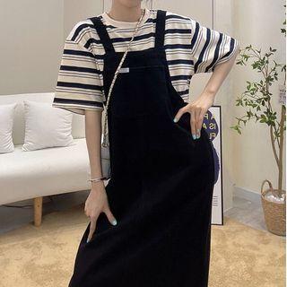 Short-sleeve Striped T-shirt / Midi Overall Dress / Set
