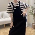 Short-sleeve Striped T-shirt / Midi Overall Dress / Set