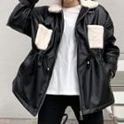 Fleece Panel Faux Leather Zip-up Jacket Black - One Size