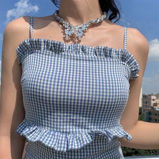 Plaid Ruffled Spaghetti-strap Mini A-line Dress