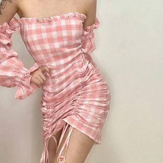 Long-sleeve Off Shoulder Plaid Mini Sheath Dress