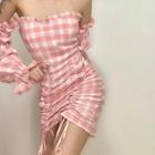 Long-sleeve Off Shoulder Plaid Mini Sheath Dress