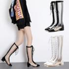 Chucky Heel Transparent Panel Lace Up Boots