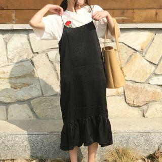 Flower Embroidered Short Sleeve T-shirt / Ruffle Hem Slipdress