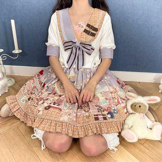 Set: Short-sleeve Blouse + Print A-line Skirt