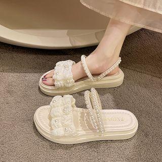 Faux Pearl Strap Shirred Slingback Sandals