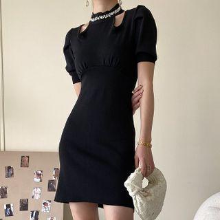 Short-sleeve Mock-neck Rhinestone Mini Sheath Dress