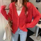 V-neck Embroidered Knit Cardigan Red - One Size