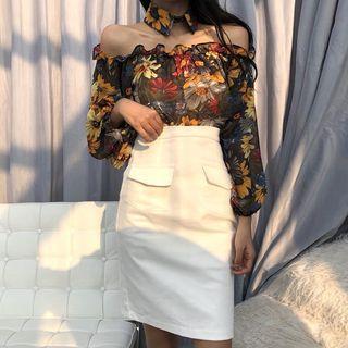 Off-shoulder Flower Print Long-sleeve Top / High Waist Pencil Skirt