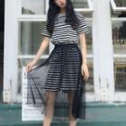 Set: Short-sleeve Stripe T-shirt Dress + Mesh Midi Skirt