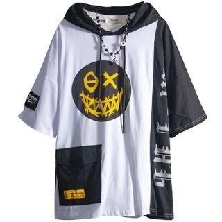 Short-sleeve Two-tone Hooded Top