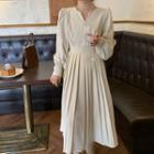 V-neck Long-sleeve Midi A-line Dress / Lace Top