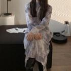 Long-sleeve Tie-dyed Midi A-line Dress Gray & White - One Size