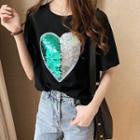 Sequined Heart Print Elbow-sleeve T-shirt