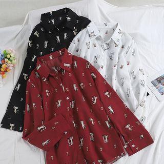 Long-sleeve Cat Print Blouse