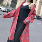 Set: Spaghetti-strap Maxi Dress + Plaid Long Shirt