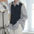 Long-sleeve Striped Panel Knit Shirt Blue - One Size