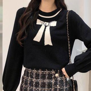 Long-sleeve Bow Print Knit Top