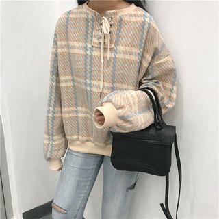 Check Lace-up Loose-fit Pullover