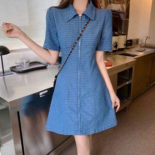Short-sleeve Zip Denim Shirt Dress