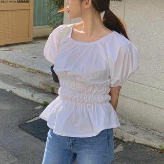Puff-sleeve Shirred Peplum Top White - One Size