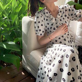 Floral Short-sleeve V-neck Tie-waist Midi A-line Dress