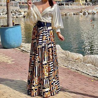 Set: Long-sleeve V-neck Blouse + Print Maxi A-line Skirt