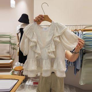 V-neck Ruffled Tiered Short-sleeve Blouse