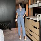 Set Of 2: Double Breasted Short-sleeve Blouse + Dress Pants