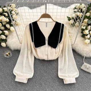 Peter Pan Collar Cutout Lace Long-sleeve Top