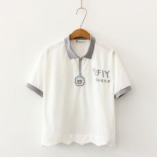 Scallop-hem Short-sleeve Polo Shirt With Sheep Brooch
