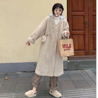 Fleece Zip-up Long Coat Beige - One Size