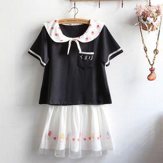 Set: Printed Short-sleeve Top + Mesh A-line Skirt