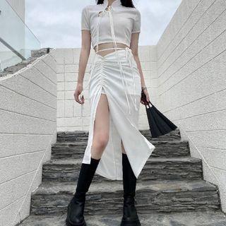 Set: Short-sleeve Top + Slit Midi Pencil Skirt