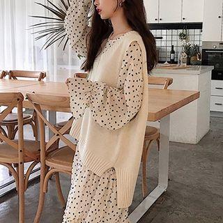 V-neck Vest / Long-sleeve Print Midi Dress