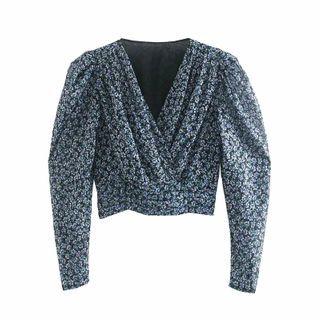 Long-sleeve V-neck Floral Print Cropped Top