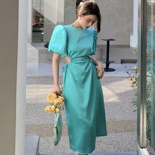 Puff-sleeve Cutout-waist Midi Dress