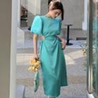 Puff-sleeve Cutout-waist Midi Dress